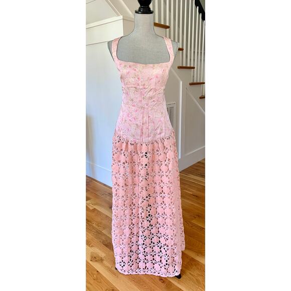 For Love & Lemons Pink Floral Maxi Dress Size XL Sleeveless Pleated Open Back
